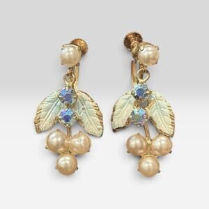 Vintage Austria AB Rhinestone Faux Pearl Enamel Leaf Screw Back Dangle Earrings